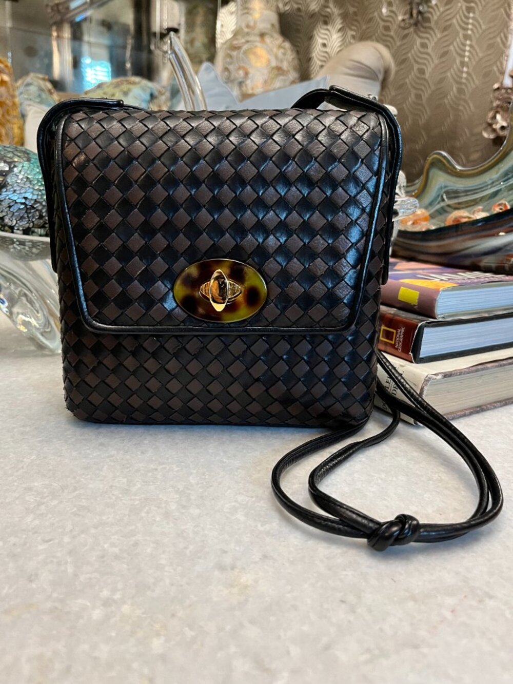 vintage Ashneil black brown woven leather crossbody bag